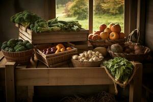 een charmant, rustiek tafereel van een groente oogst weergegeven in een houten krat, rieten mand, kruiwagen, benadrukkend de van boer tot bord concept en de versheid van de produceren. generatief ai foto