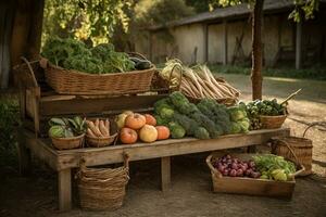 een charmant, rustiek tafereel van een groente oogst weergegeven in een houten krat, rieten mand, kruiwagen, benadrukkend de van boer tot bord concept en de versheid van de produceren. generatief ai foto