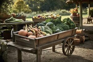 een charmant, rustiek tafereel van een groente oogst weergegeven in een houten krat, rieten mand, kruiwagen, benadrukkend de van boer tot bord concept en de versheid van de produceren. generatief ai foto