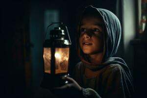 een kind Holding een lantaarn gedurende Ramadan. de kind worden getoond op zoek omhoog in zich afvragen Bij de lantaarn, met de focus Aan de onschuld en vreugde van kinderjaren gedurende Ramadan. generatief ai foto