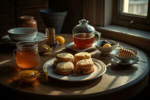 een knus, honing thee tafereel, met een stomen kop van thee gezoet met een motregen van gouden honing, vergezeld door een bord van honing gearomatiseerd biscuits reeks in een warm, uitnodigend atmosfeer. generatief ai foto