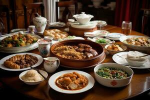 een verrukkelijk, Chinese maaltijd, markeren een verscheidenheid van gerechten zo net zo Peking eend, mapo tofu en knoedels, geserveerd Aan een lui Susan of groot tafel, bemoedigend sharing en saamhorigheid. generatief ai foto