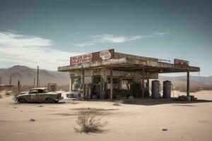 een woestijn gas- station , waar een weinig voertuigen staan geparkeerd in een zee van gruis en stof. er is een vervagen Amerikaans vlag, maar de station looks lang verlaten. de dor isolatie is zichtbaar. generatief ai foto