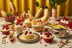 banaan split-thema partij, compleet met themed decoraties, servies, en gasten genieten van hun eigen aangepast banaan spleet creaties, reeks tegen een plezier, blij achtergrond. generatief ai foto