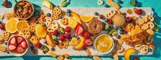 een vlak leggen beeld van strand snacks zo net zo popcorn, pretzels, en fruit Aan een kleurrijk strand deken. concept zomer thema spandoek. generatief ai foto