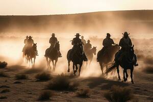 een groep van mensen rijden paarden aan de overkant de woestijn. de paarden zou moeten worden galopperen en schoppen omhoog stof achter hen. generatief ai foto