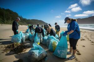 een groep van vrijwilligers vervelend handschoenen en draag- herbruikbaar Tassen deelnemen in een strand schoonmaken evenement. ze zijn verzamelen plastic afval, inclusief flessen, Tassen, en andere brokstukken. generatief ai foto