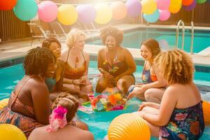 een groep van Dames in coördineren tweedelig zwemkleding lounge samen Aan een zwembad dek, omringd door kleurrijk decoraties en partij gunsten. de uitstraling is feestelijk en plezier. generatief ai foto