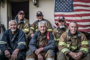 een groep foto van een veteraan brand station bemanning, groezelig en moe maar met glimlacht Aan hun gezichten na met succes redden een ouderen paar. de Amerikaans vlag hangende trots. generatief ai