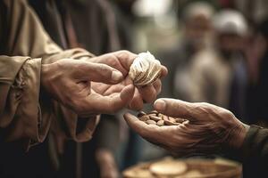 een Mens geven zakat liefdadigheid gedurende Ramadan. Mens s vrijgevigheid en geven geest. de beeld tonen de Mens overhandigen over- voedsel naar die in nodig hebben. generatief ai foto