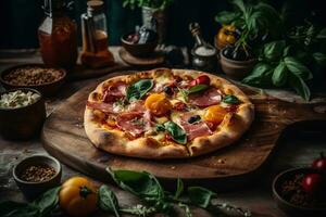 een watertanden, fijnproever pizza, bekroond met een rangschikking van vers ingrediënten en borrelen kaas, wezen getrokken van een houtgestookt oven, reeks in een charmant, authentiek pizzeria instelling. generatief ai. foto