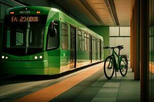 een groen vervoer, zo net zo een fiets en openbaar doorvoer systeem, met een zin van innovatie en duurzaamheid. concept vooruitgang en verantwoordelijkheid. generatief ai foto