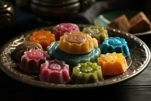een bord van traditioneel Ramadan snoepgoed. focus Aan de kleurrijk en ingewikkeld ontwerpen van de snoepgoed. de achtergrond kon worden wazig naar trek aandacht naar de snoepgoed en hun heerlijkheid. generatief ai foto