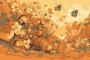 een speels, honing-thema illustratie, met een groep van vriendelijk, bijen werken samen naar produceren honing, omringd door zo net zo bloemen, honingraten, en bijenteelt hulpmiddelen. generatief ai foto