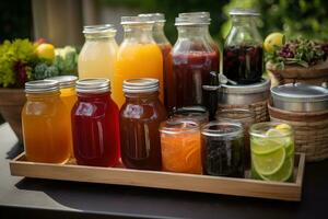 een verfrissend, bbq drank Scherm, presentatie van een selectie van ijskoud drankjes, zo net zo limonade, bevroren thee, ambacht bieren, reeks tegen een levendig, zomers achtergrond. generatief ai foto