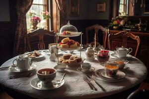 aromatisch pot van thee, vergezeld door delicaat vinger boterhammen, scones, en sierlijk gebakjes, reeks Aan een prachtig versierd tafel. generatief ai. foto