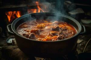 een traditioneel Hongaars goulash stoofpot borrelen in een ketel over- een Open brand. vastleggen de hartig, geruststellend voedsel dat houdt mensen warm in de verkoudheid Hongaars winters. generatief ai foto
