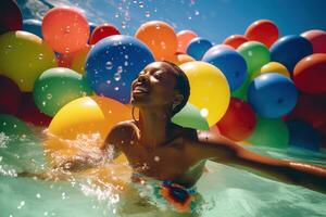 een zwart vrouw in een speels, kleurrijk tweedelig zwempak spatten in de omgeving van in de Ondiep einde van een zwembad, omringd door opblaasbaar speelgoed en strand ballen. de zon is hoog in de lucht. generatief ai foto