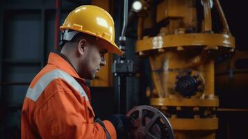 een arbeider inspectie Oppervlakte van de olie tuigage en de industrieel apparatuur. generatief ai foto