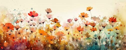 abstract herfst kleuren bloem weide Aan waterverf papier achtergrond. bloemen banier concept. generatief ai. foto