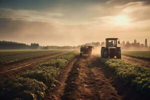 vastleggen de werkwijze van oogsten groenten met de helpen van machines, reeks tegen een backdrop van netjes georganiseerd rijen van gewassen Aan een pittoreske boerderij. generatief ai foto