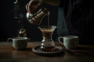 koffie brouwen tafereel, met een geschoold barista minutieus gieten heet water over- vers grond koffie bonen in een glas druppelaar, reeks tegen een schoon, knapperig teller of tafel oppervlak. generatief ai foto