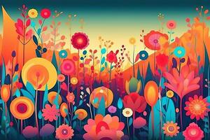 abstract kleurrijk kleuren illustratie van bloem weide . concept natuur behang. generatief ai. foto