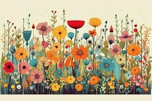 abstract kleurrijk kleuren illustratie van bloem weide . concept natuur behang. generatief ai. foto