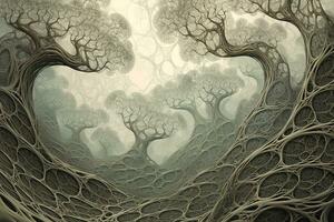 fractal bomen met takken dat kronkelen en golven Leuk vinden slangen, weggaan achter hen een meetkundig spoor van kabbelend vervorming. concept helderziende golven . generatief ai foto