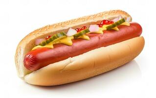 barbecue gegrild heet hond met worst en geel mosterd met ketchup. generatief ai foto