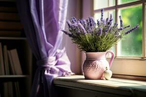 lavendel bloemen Aan de venster in een pot. ai gegenereerd foto