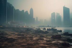 wolkenkrabbers van een enorm kust- stad, skylines wazig door lagen van smog en vervuiling. generatief ai foto