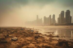 wolkenkrabbers van een enorm kust- stad, skylines wazig door lagen van smog en vervuiling. generatief ai foto