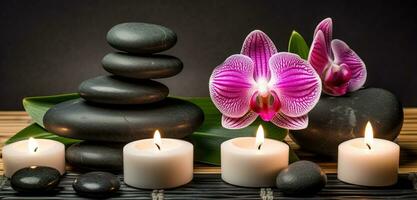 spa massage basalt stenen met kaarsen, lotus bloemen, orchidee bloem en handdoeken Aan bamboe mat. generatief ai. foto