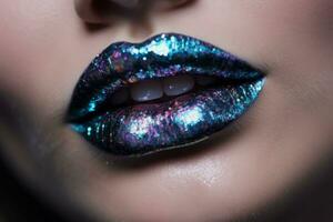mooi lippen sparkly maken up.professioneel maken omhoog artiest werk. generatief ai foto