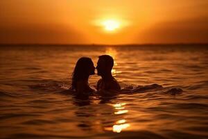 een romantisch paar genieten van een zwemmen Bij zonsondergang. de focus van de beeld zou worden Aan de koppel silhouetten in de water, met de zon instelling in de achtergrond. generatief ai foto