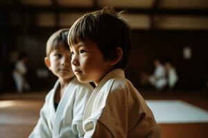 twee jongens gedurende judo oefening. generatief ai foto