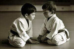 twee jongens gedurende judo oefening. generatief ai foto