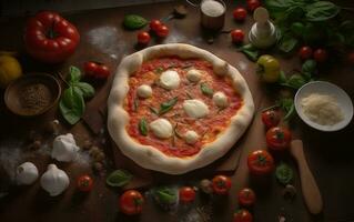origineel Napolitaans pizza margherita Aan rustiek achtergrond. generatief ai foto