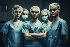 reclame portret schot van een chirurgie team staand samen in in werking kamer en ze kijken Bij de camera. generatief ai. foto