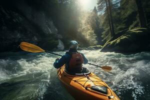actie schoten van een kayaker Aan een rivier- in de zonnig dag- generatief ai foto