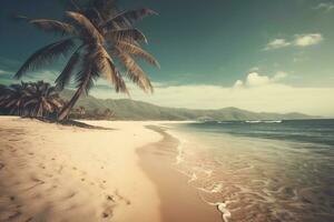 zand strand tafereel met palm boom en kristal Doorzichtig water Bij zonsondergang. generatief ai foto