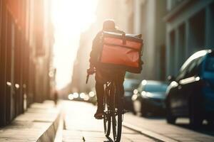 voedsel levering rijden ther fiets in de stad. generatief ai. foto
