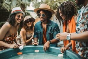 een groep van verschillend millennials genieten van een zwembad partij, lachend en spatten in de water terwijl nippen Aan kleurrijk zomer drankjes. afgezwakt afbeelding. generatief ai foto