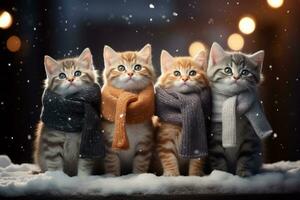 een rij van schattig kittens vervelend klein Kerstmis sjaals en omringd door sneeuwvlokken en fonkelend lichten, presentatie van de magie van de vakantie seizoen. generatief ai foto