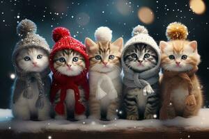 een rij van schattig kittens vervelend klein Kerstmis sjaals en omringd door sneeuwvlokken en fonkelend lichten, presentatie van de magie van de vakantie seizoen. generatief ai foto