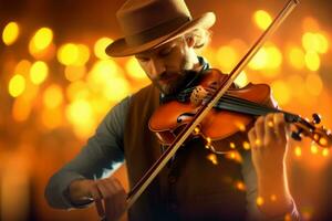 een musicus spelen een soulvol melodie Aan de viool, uitdrukken emoties door elke beweging van de boog. generatief ai foto