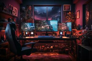 een strak en modern gaming opstelling met een hoogwaardig pc, ultrabreed monitor, rgb verlichting, en premie gaming randapparatuur. generatief ai foto