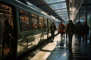 mensen gebruik makend van openbaar vervoer, zo net zo trein, naar navigeren de stad. generatief ai foto