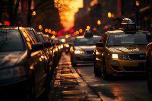 een vloot van taxi's bekleed omhoog in een rij met de kleurrijk zonsondergang in de achtergrond, vertegenwoordigen de bezig de stad vervoer netwerk. generatief ai foto